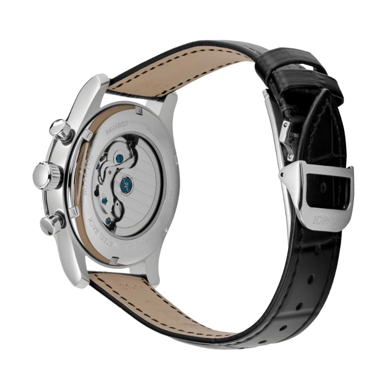Black alligator embossed genuine leather watch strap with stainless steel butterfly deployment clasp