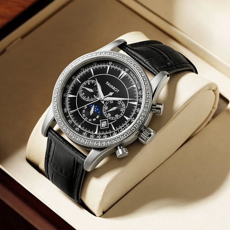 Side view of automatic watch showing black genuine leather strap and transparent exhibition caseback