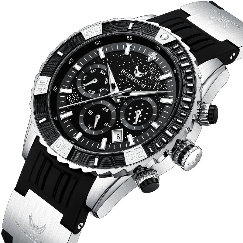 Angled view of men's black starry dial watch showing moon phase sub-dials and textured crown