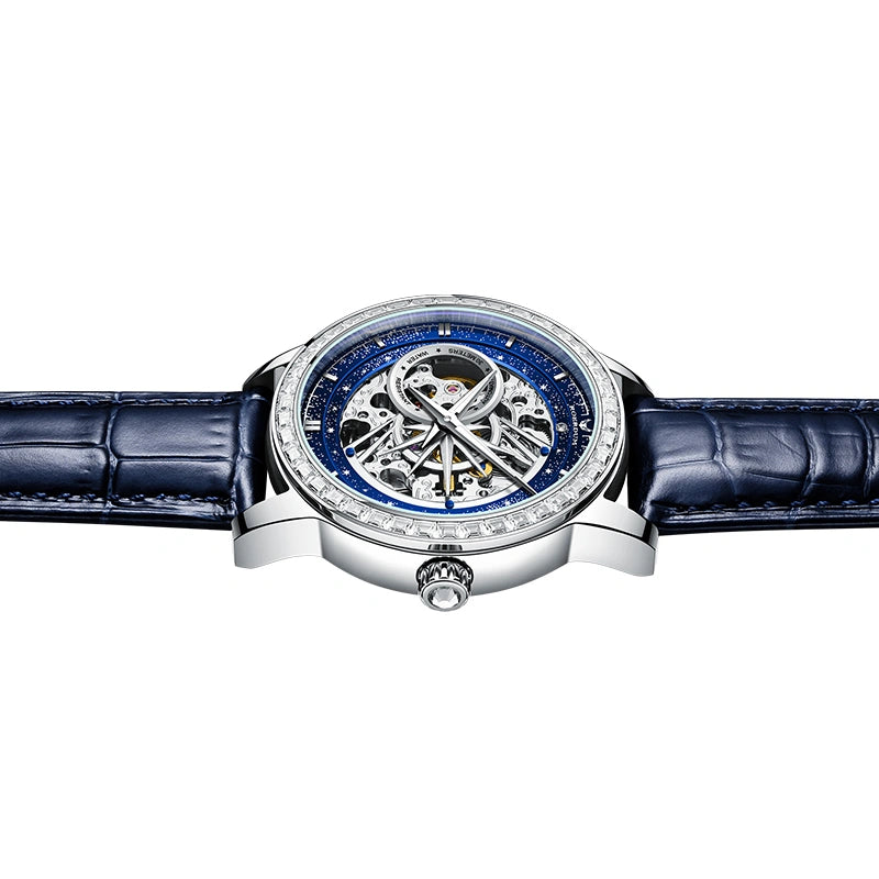 Horizontal flat view of blue cowhide leather strap automatic watch with stainless steel case
