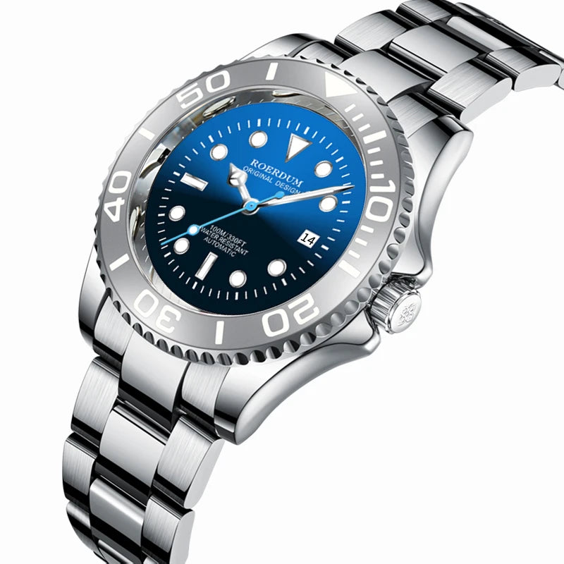 Angled detail shot of ocean blue dial watch featuring raised relief diver bezel and date window