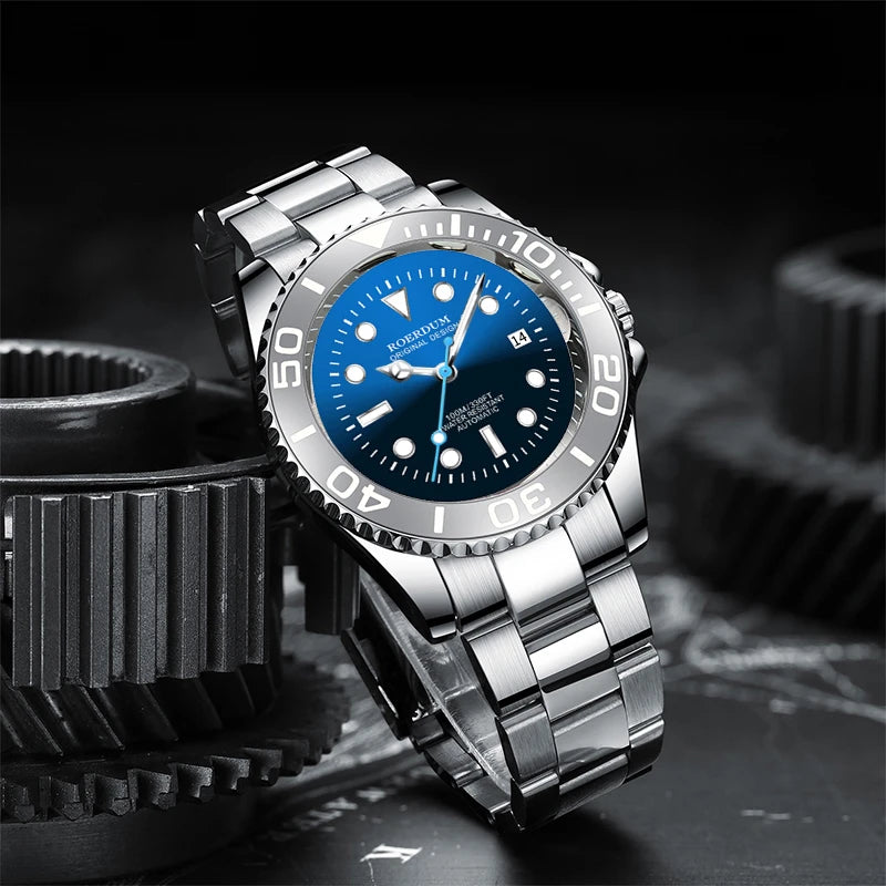 Men's ocean blue mechanical diver watch displayed against industrial gear props