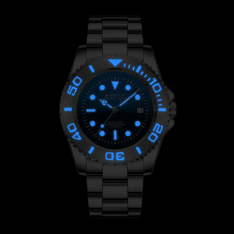 Highlighting bright blue luminous hands and hour markers on diver watch in dark environment