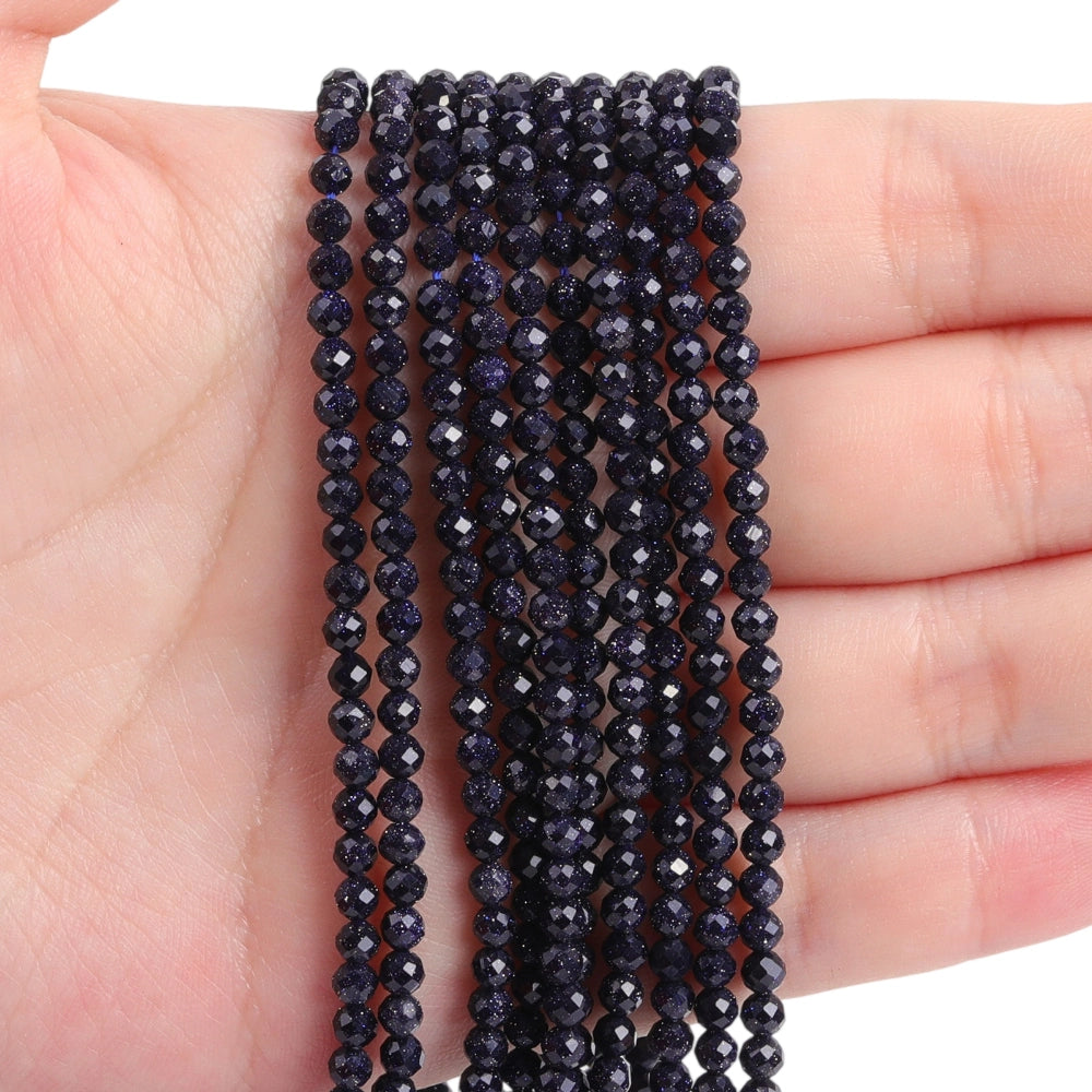 Blue sandstone micro faceted beads in 2mm, 3mm, 4mm. Sparkling deep blue glitter stone spacer beads for delicate bracelets and DIY jewelry making
