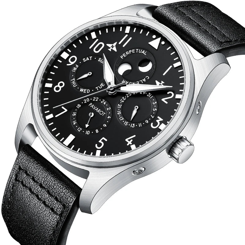 Angled view of brushed stainless steel pilot watch case showing black dial sub-dials and crown