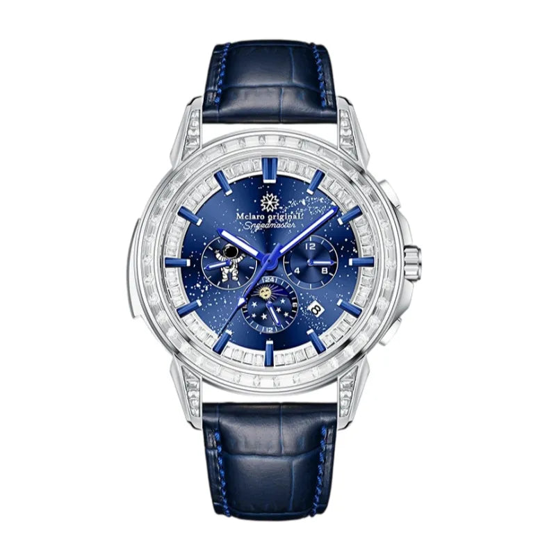 Men's astronaut watch with blue celestial starry dial and crystal bezel