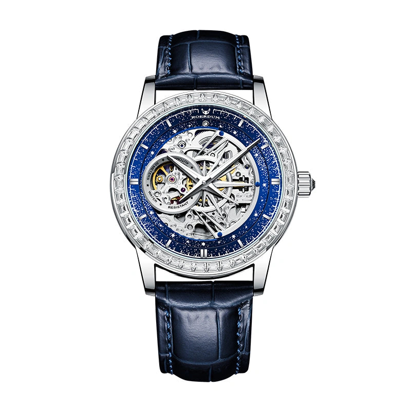 Men's celestial skeleton automatic watch with blue starry dial, crystal bezel, and blue cowhide strap