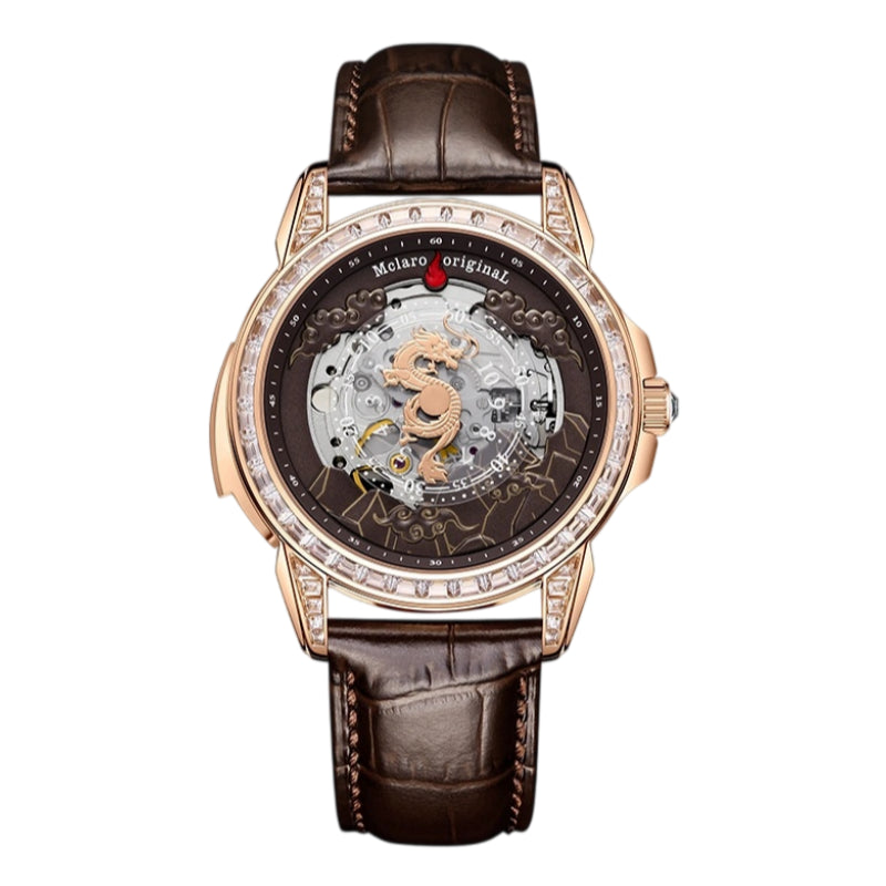 Intricate golden dragon skeleton dial with oriental cloud motifs and mechanical view