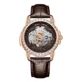 Intricate golden dragon skeleton dial with oriental cloud motifs and mechanical view