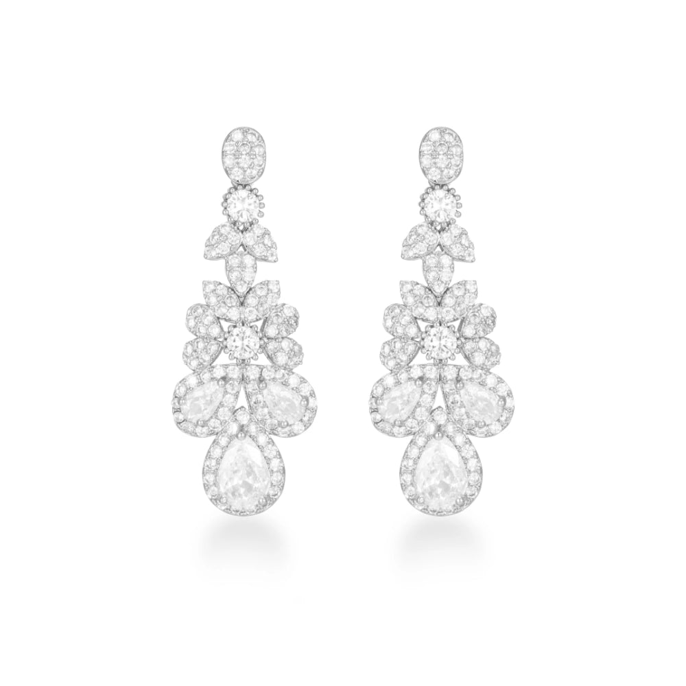 Crystal clear cubic zirconia bridal jewelry set with silver-tone finish. Includes necklace, ring, earrings, and bracelet for weddings and formal wear