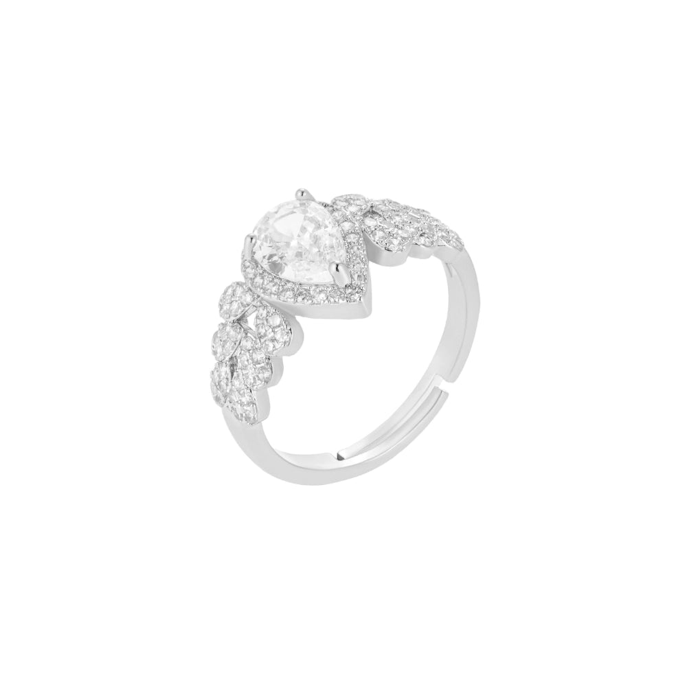 Crystal clear cubic zirconia bridal jewelry set with silver-tone finish. Includes necklace, ring, earrings, and bracelet for weddings and formal wear