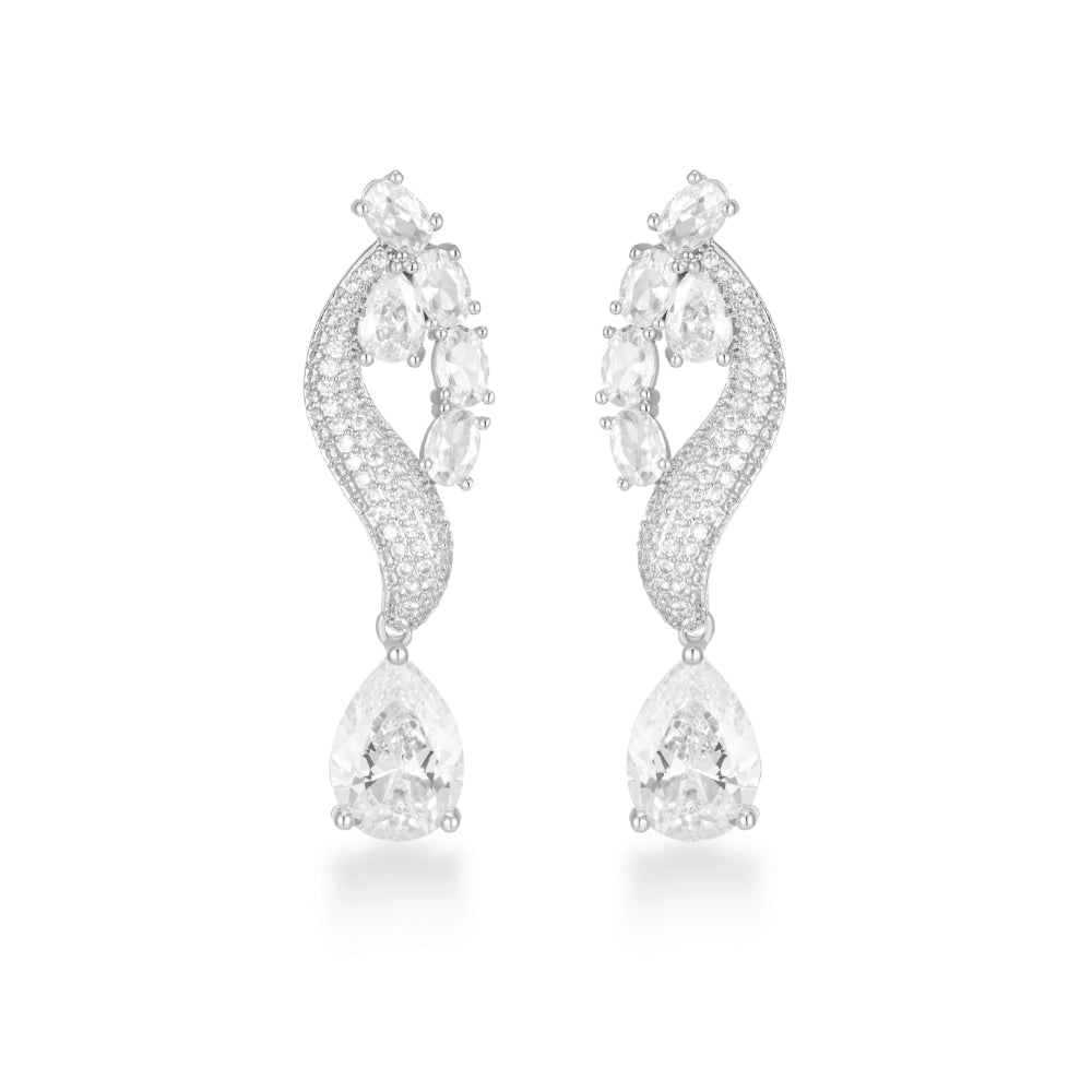 Crystal clear cubic zirconia jewelry set with silver-tone finish. Includes necklace, ring, earrings, and bracelet for weddings and formal wear