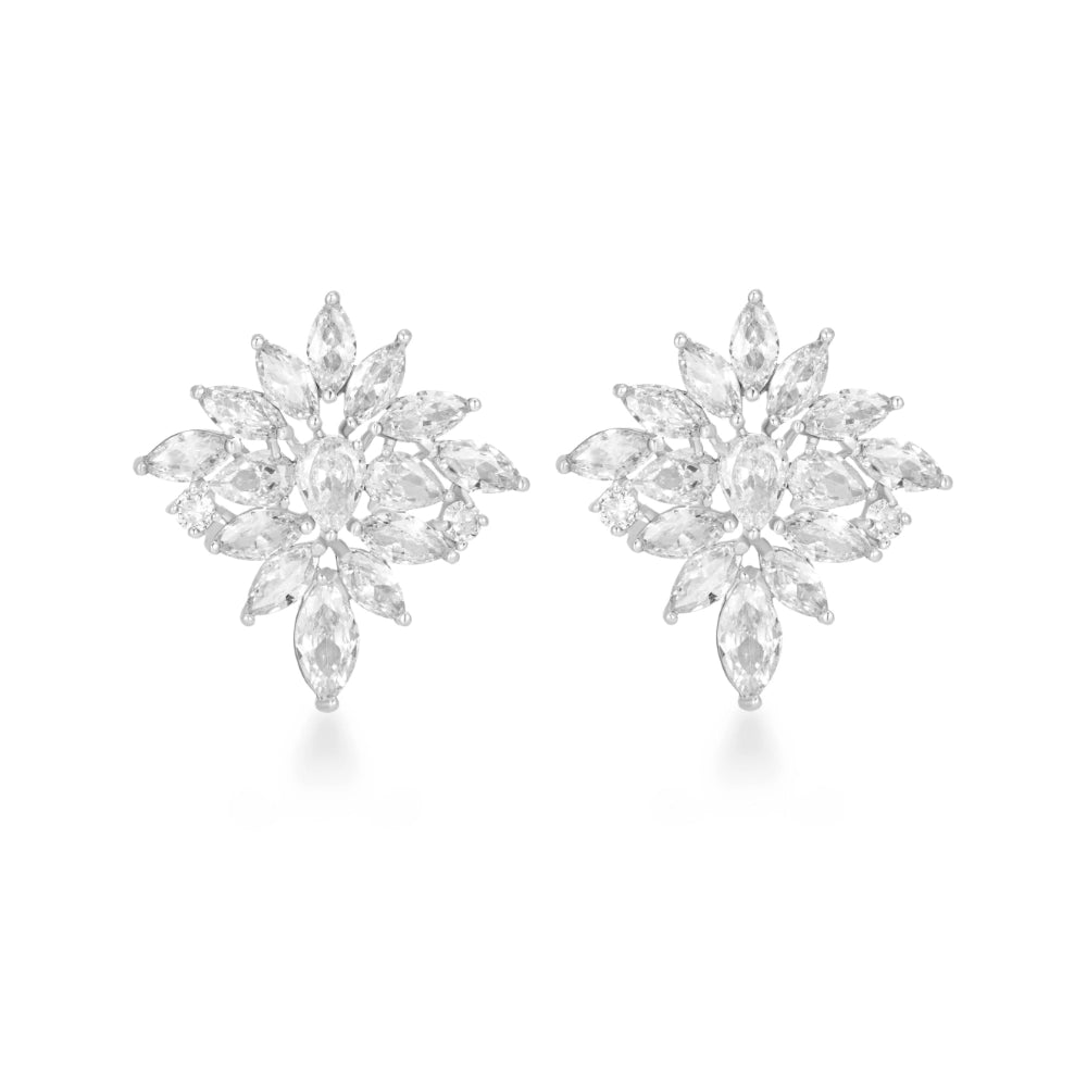 Crystal clear zircon jewelry set with silver-tone finish. Includes necklace, ring, earrings, and bracelet for weddings and formal wear