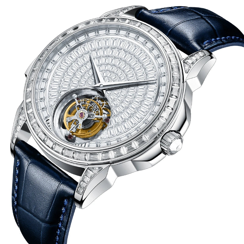 Close-up shot of crystal paved mechanical tourbillon wristwatch resting on a dark luxury background