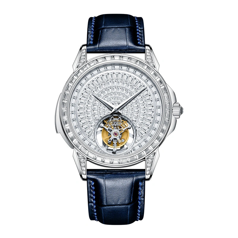 Luxury men's tourbillon mechanical watch with crystal paved dial and blue leather strap