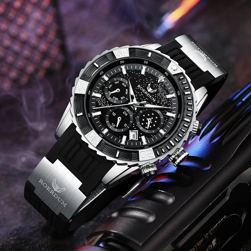 Daily waterproof testing display of men's black starry watch surrounded by water splashes