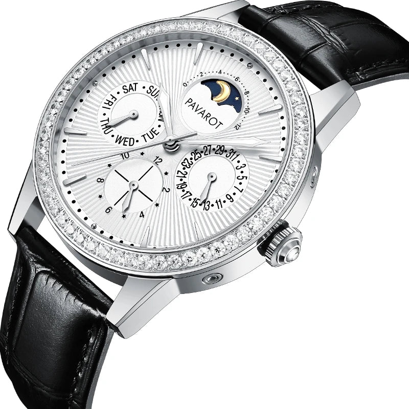 Angled view of luxury mechanical watch showing diamond bezel, moon phase sub-dial, and black leather strap