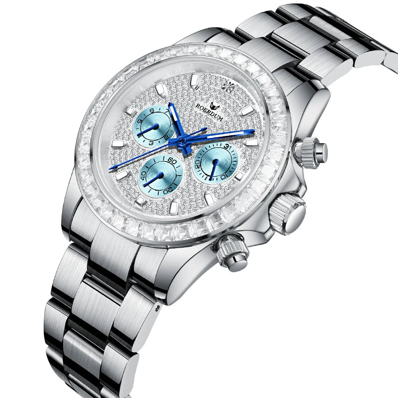 Angled view of diamond pavé watch dial showing crystal bezel and royal blue hands   