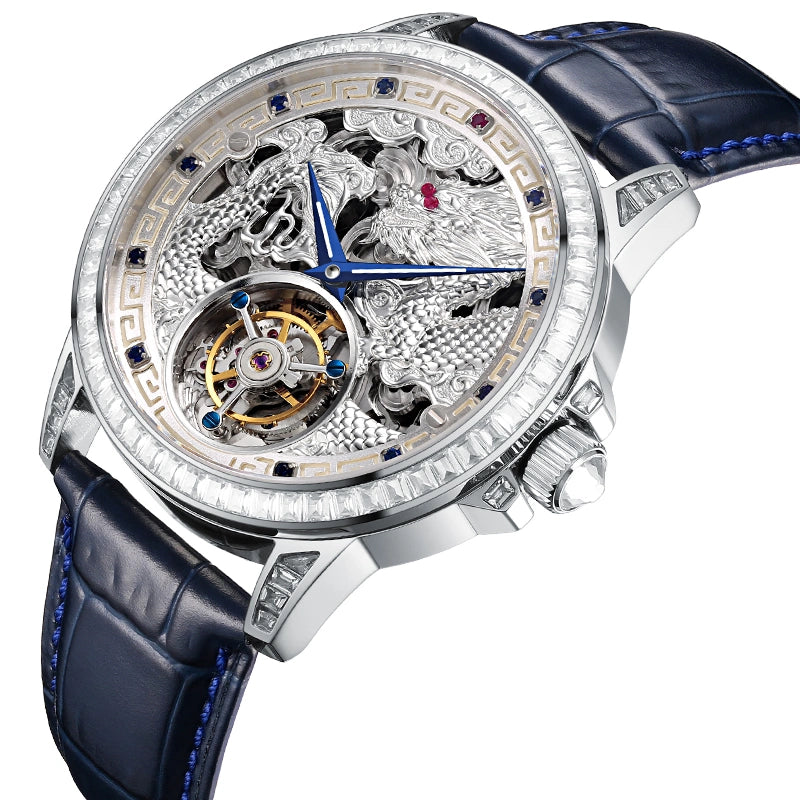 Luxury men's lifestyle flatlay featuring dragon skeleton watch, leather wallet, and suit cuff