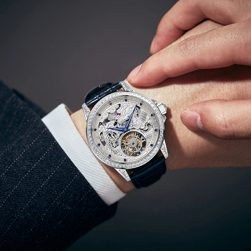 Side profile of stainless steel watch case highlighting crystal bezel and leather strap connection