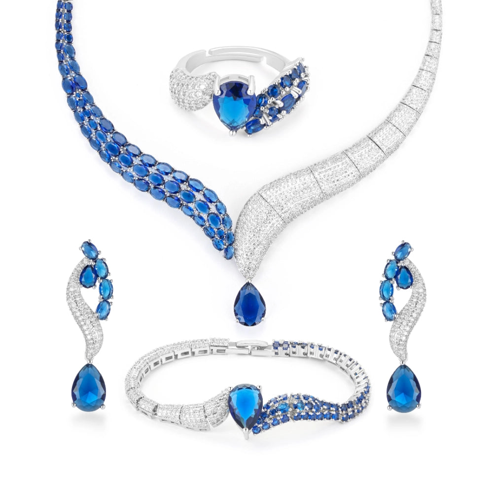 Emerald green and sapphire blue zircon jewelry set with silver-plated copper. Includes necklace, ring, earrings, and bracelet for weddings and formal wear