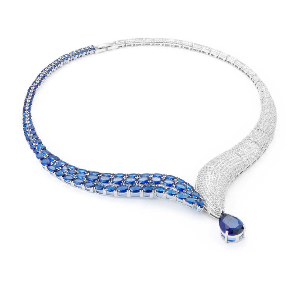 merald green and sapphire blue zircon jewelry set with silver-plated copper. Includes necklace, ring, earrings, and bracelet for weddings and formal wear