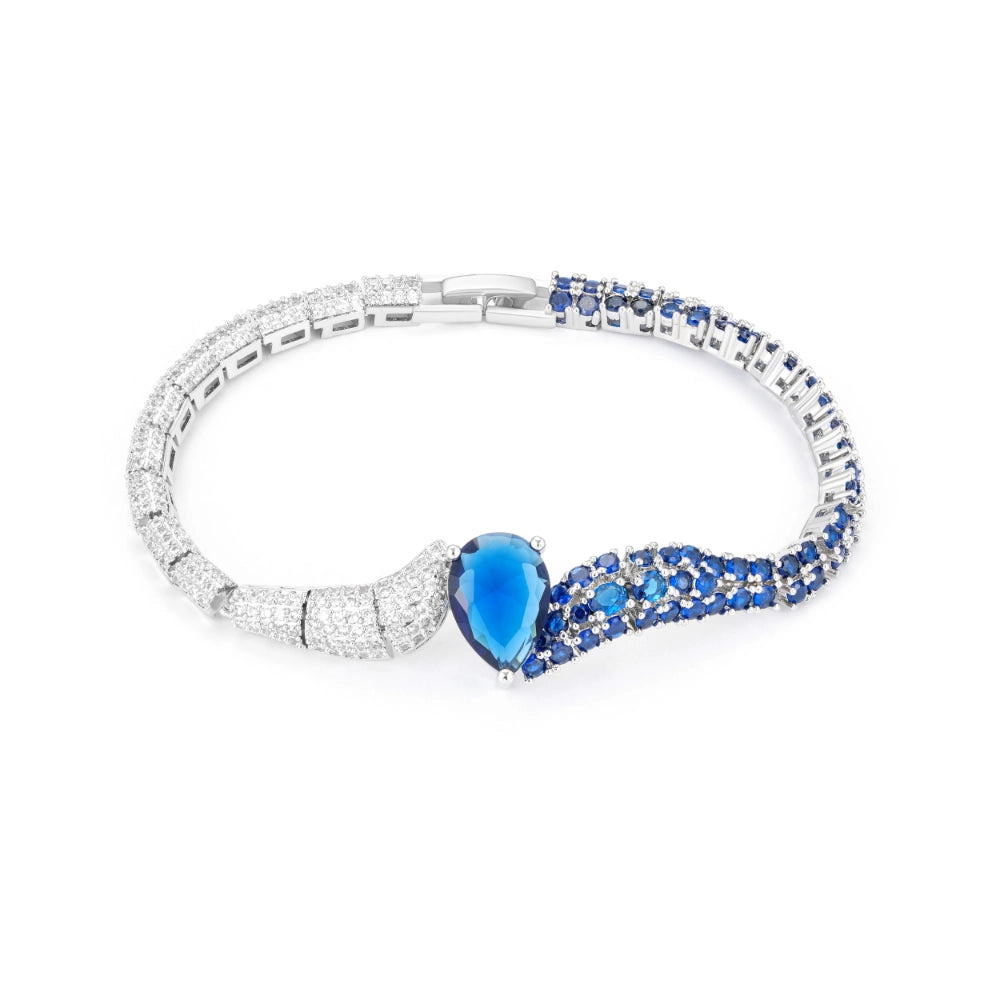 merald green and sapphire blue zircon jewelry set with silver-plated copper. Includes necklace, ring, earrings, and bracelet for weddings and formal wear