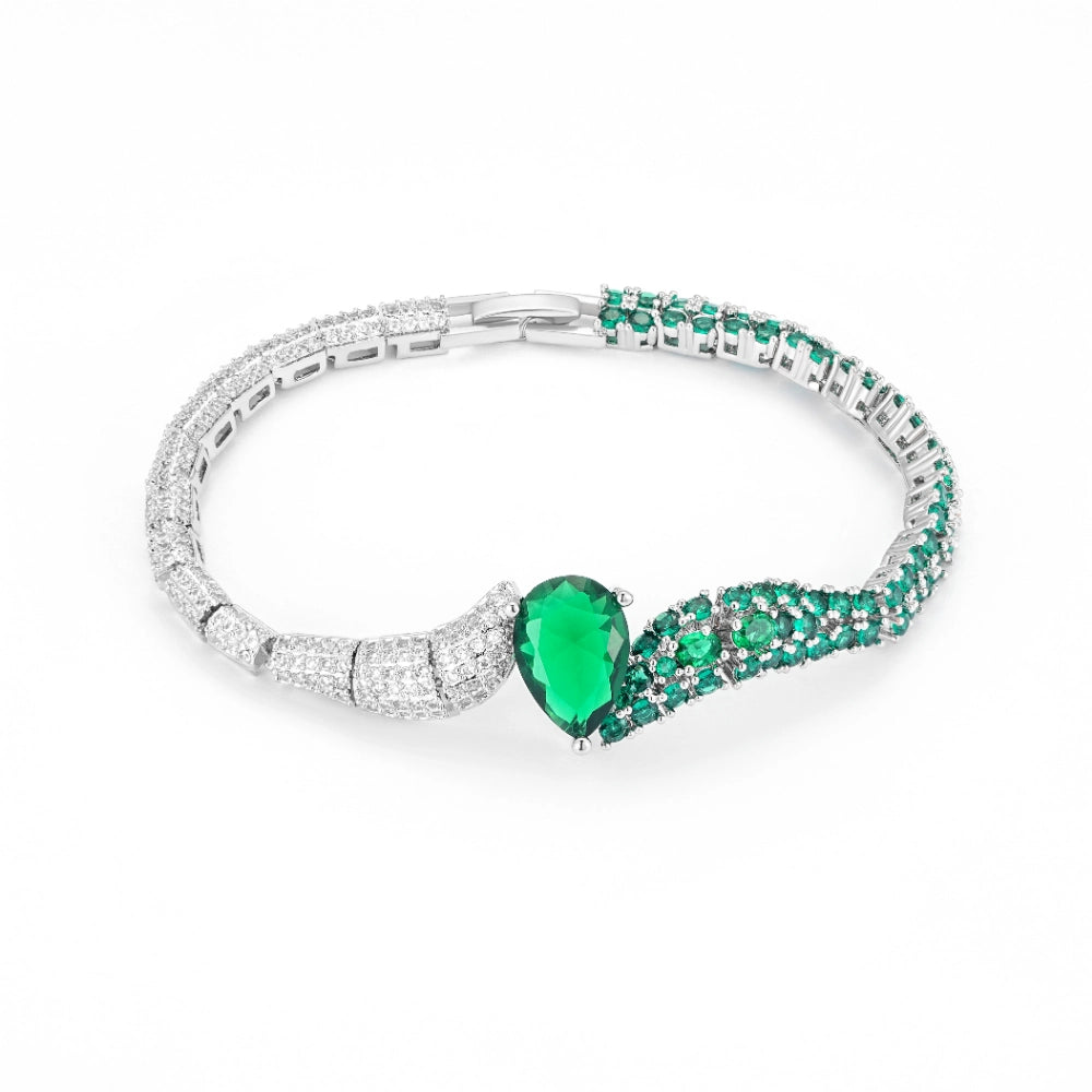 Emerald green zircon jewelry set with silver-plated copper. Includes necklace, ring, earrings, and bracelet for weddings and formal wear