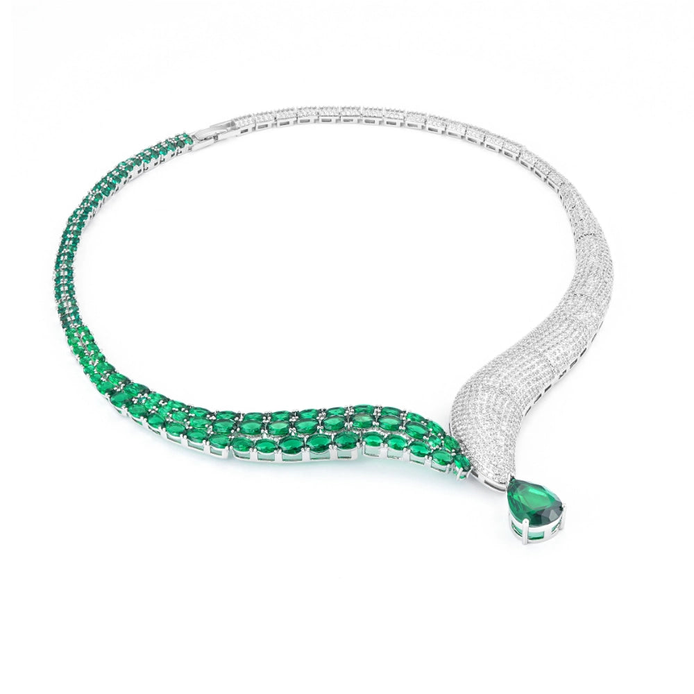 Emerald green zircon jewelry set with silver-plated copper. Includes necklace, ring, earrings, and bracelet for weddings and formal wear