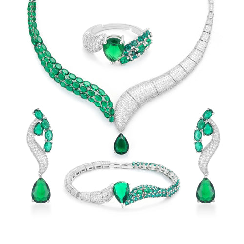 Emerald green zircon jewelry set with silver-plated copper. Includes necklace, ring, earrings, and bracelet for weddings and formal wear