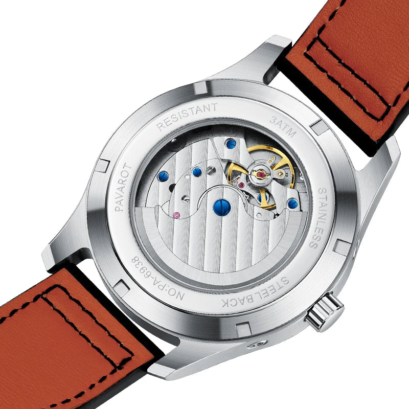 Transparent exhibition case back showing 21-jewel automatic movement and orange leather strap lining