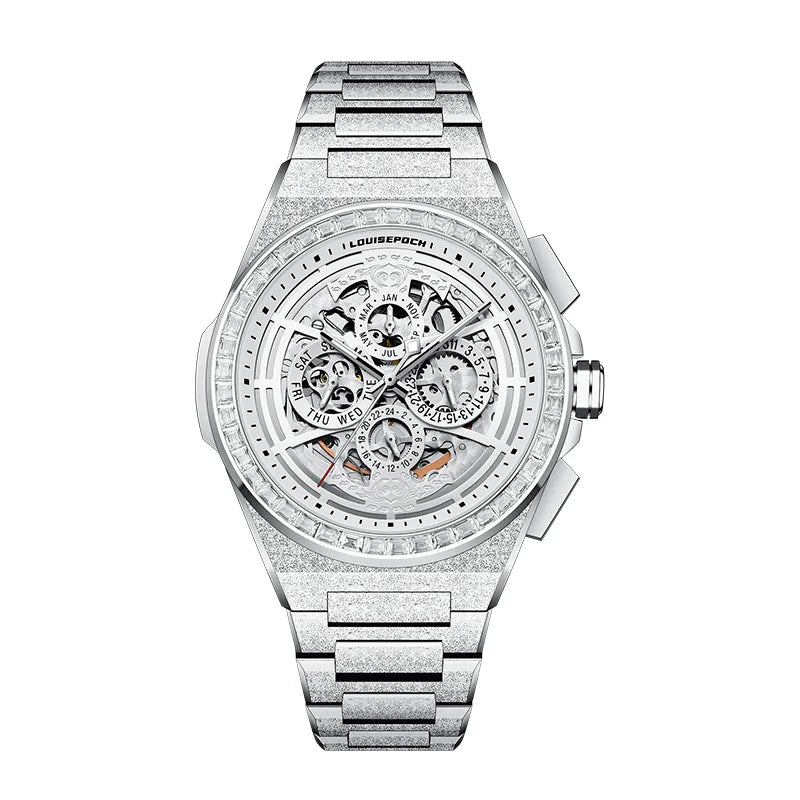 Front view of the Frost Wings 43mm steel automatic mechanical watch with crystal bezel