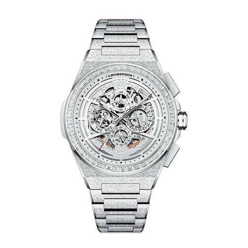 Front view of the Frost Wings 43mm steel automatic mechanical watch with crystal bezel