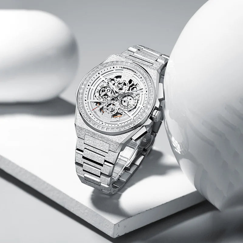 Frost Wings luxury automatic mechanical watch displayed on modern white abstract shapes