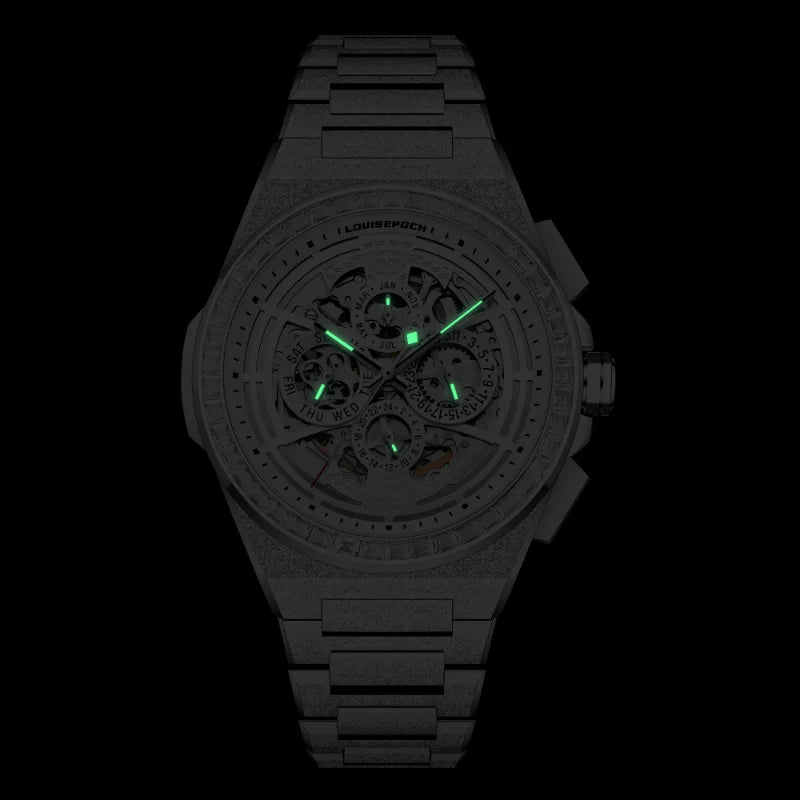 Frost Wings automatic skeleton watch glowing in the dark with luminous hands