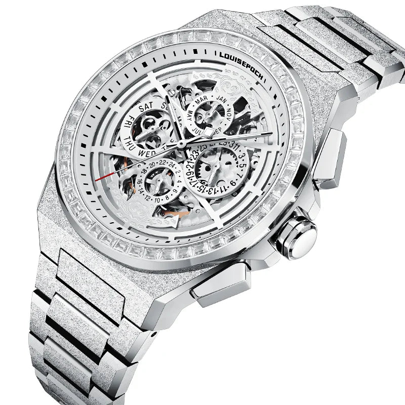Angle view of Frost Wings skeleton watch showcasing crystal bezel and dial details