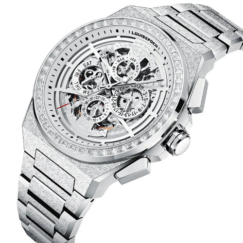 Angle view of Frost Wings skeleton watch showcasing crystal bezel and dial details