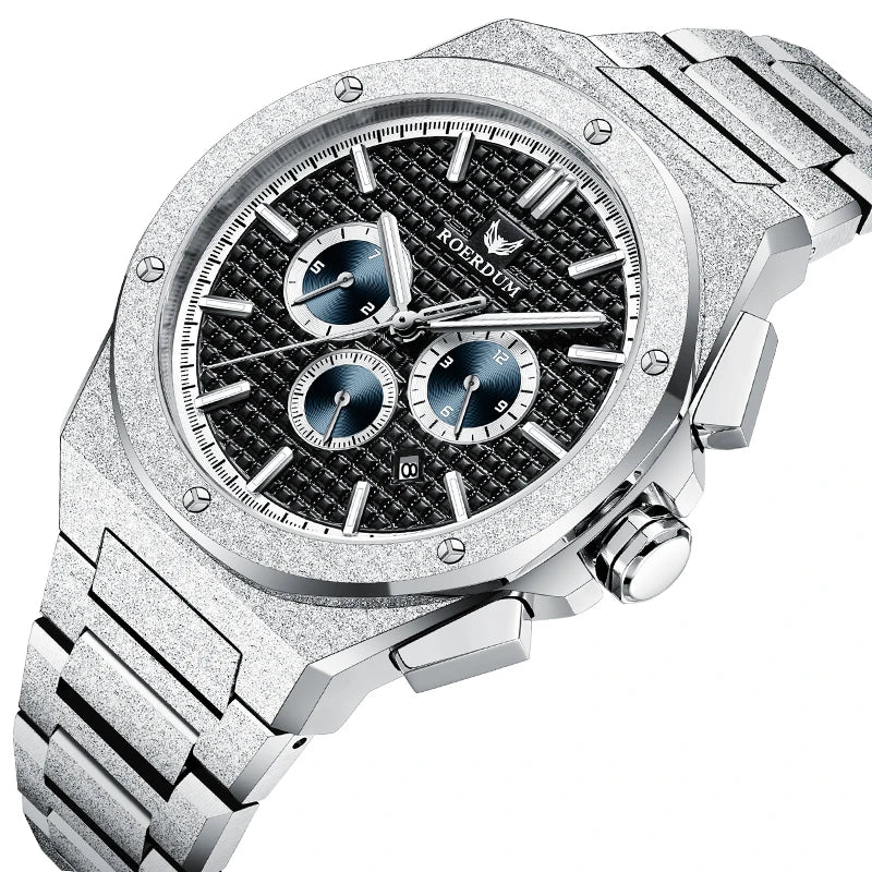 Close-up angled view of frosted star dust textured watch case and octagonal bezel screws
