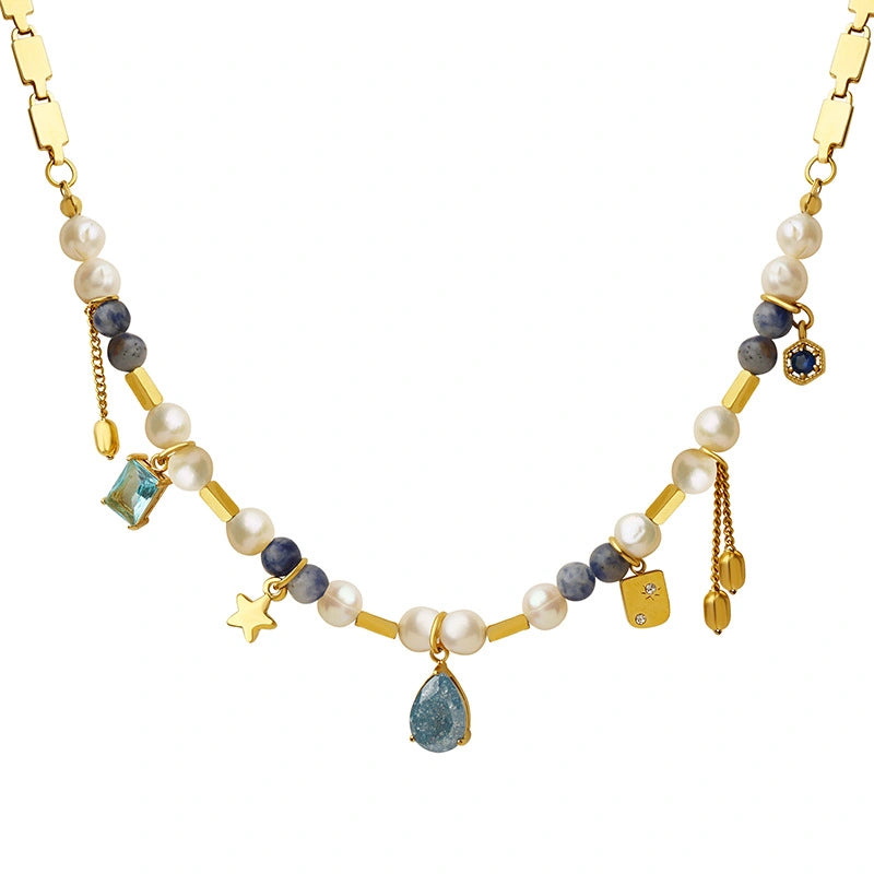 Main product shot of geometric natural stone and freshwater pearl necklace with gold copper links