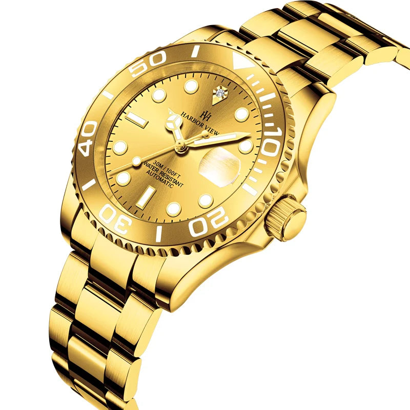 Angled close-up of the gold yacht style watch highlighting the textured bezel and date display