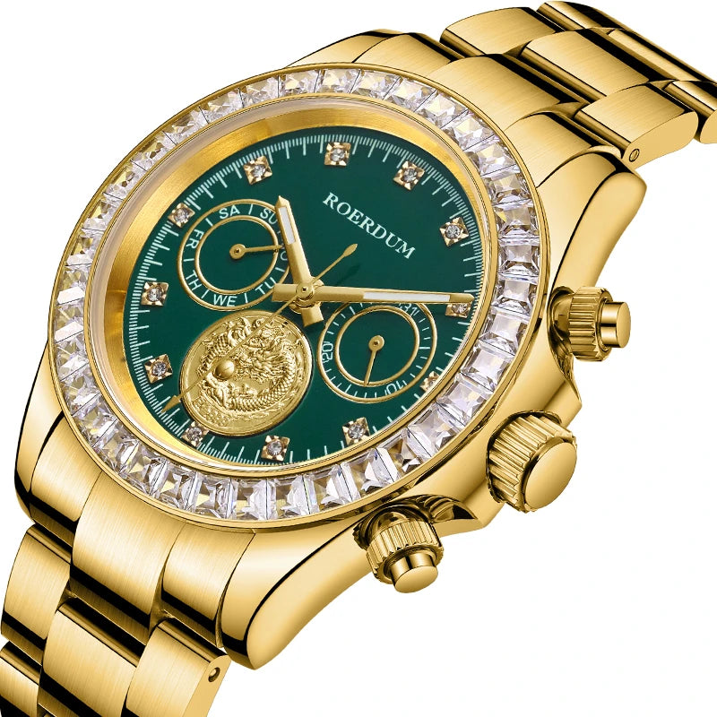 Angled view of gold watch dial highlighting sculpted dragon medallion and sub-dials