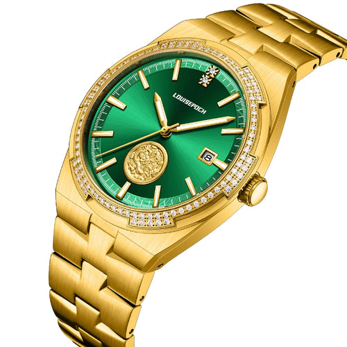Angled close-up of gold diamond bezel watch featuring a green dial and date display