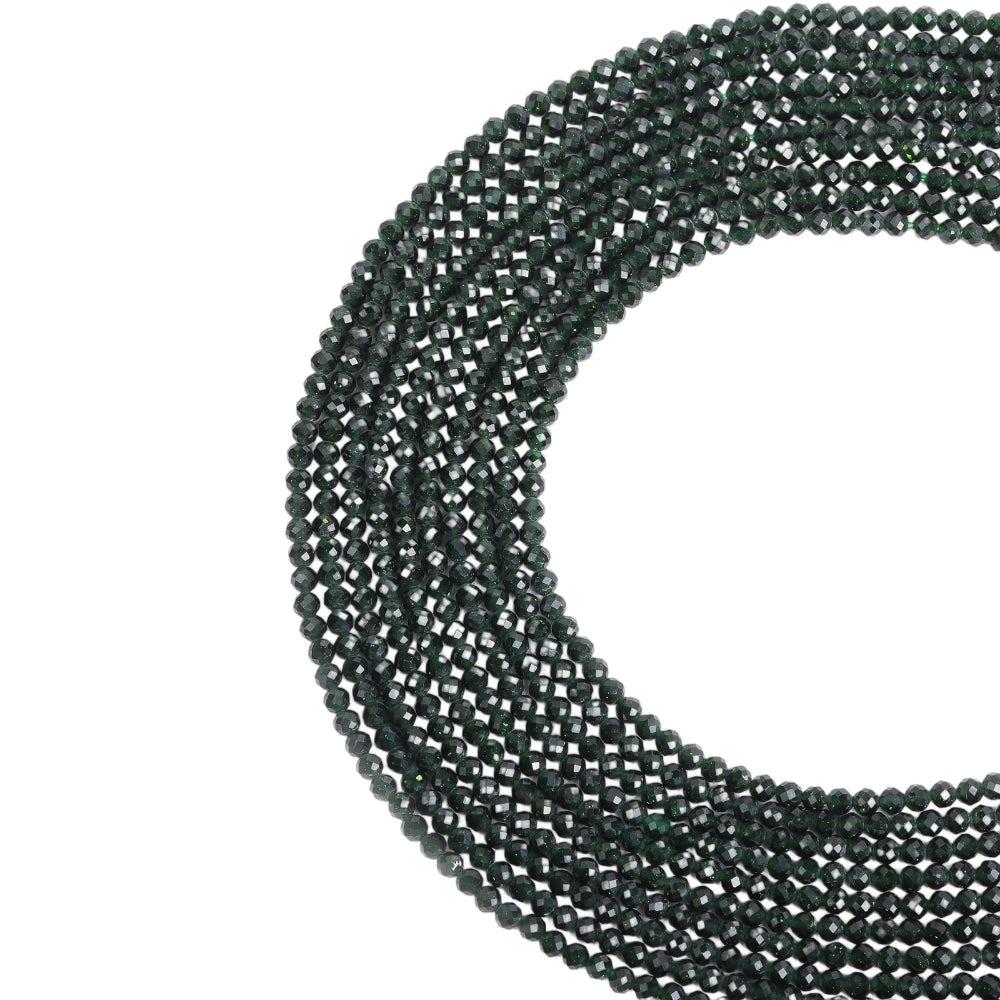 Green goldstone micro faceted beads in 2mm, 3mm, 4mm. Sparkling deep green glitter stone spacer beads for delicate bracelets and DIY jewelry making