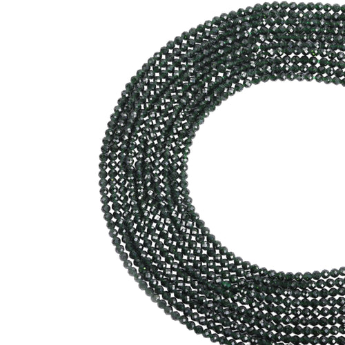 Green goldstone micro faceted beads in 2mm, 3mm, 4mm. Sparkling deep green glitter stone spacer beads for delicate bracelets and DIY jewelry making