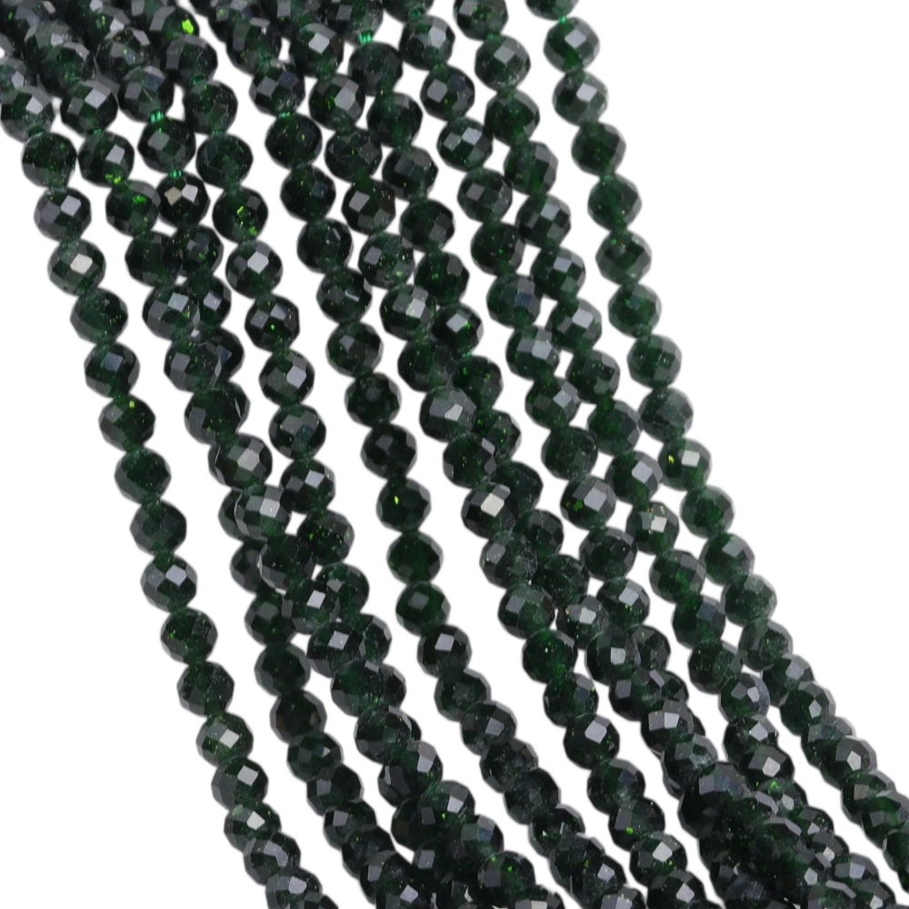 Green goldstone micro faceted beads in 2mm, 3mm, 4mm. Sparkling deep green glitter stone spacer beads for delicate bracelets and DIY jewelry making
