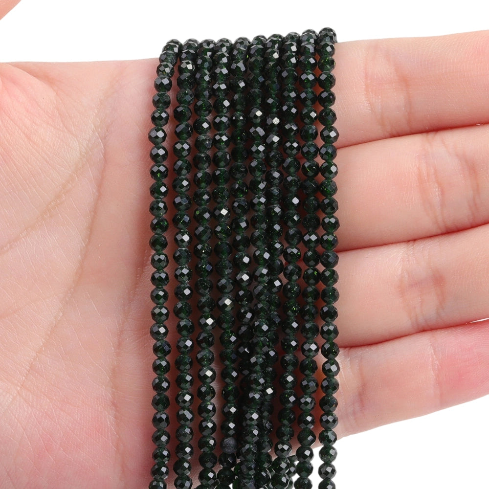 Green goldstone micro faceted beads in 2mm, 3mm, 4mm. Sparkling deep green glitter stone spacer beads for delicate bracelets and DIY jewelry making