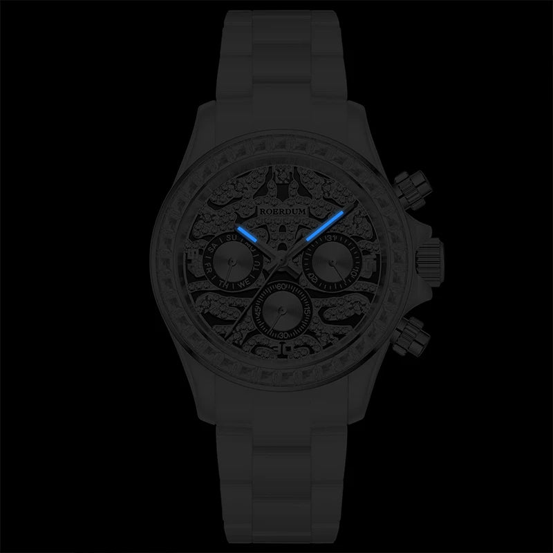 Model showcasing modern hollow trendsetter white ceramic automatic watch on wrist