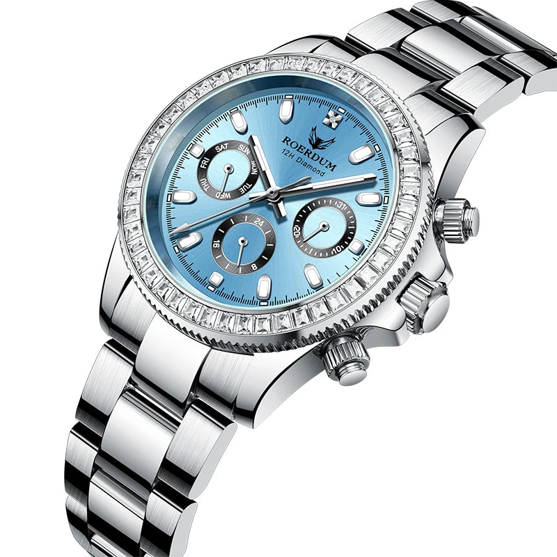 Front view of 39mm ice blue dial watch featuring multi-function sub-dials and diamond bezel