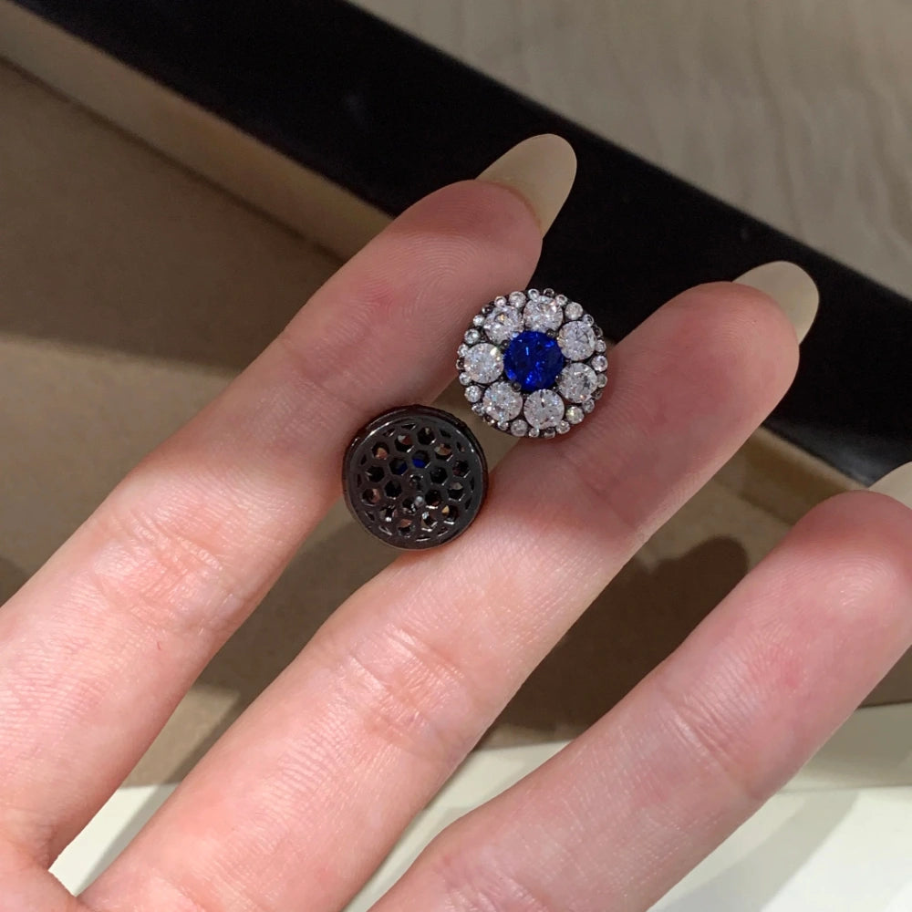 Light luxury lab-grown blue diamond halo stud earrings presented in a vintage gift box for women