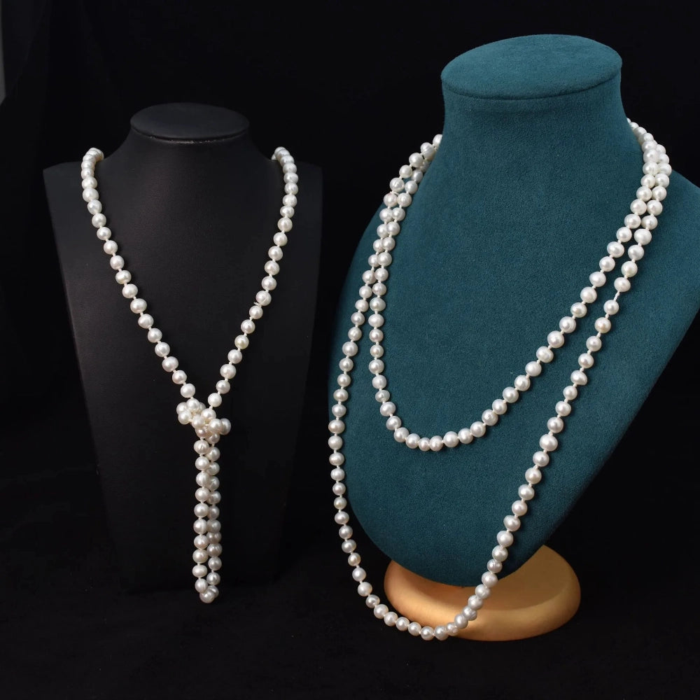 Long freshwater pearl sweater necklace with 8-9mm natural pearls, extra-long 140-160cm chain for women
